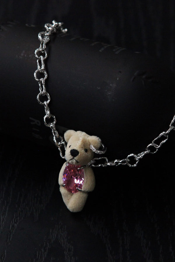 YVMIN 21701 Capsule Muppet Series Inlaid Bear Pink Oval Gemstone Sterling Silver Necklace PY6